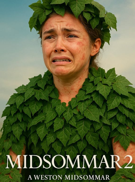 Mock film poster titled Midsommar 2: A Weston Midsommar with a figure in a floral wreath in bright daylight