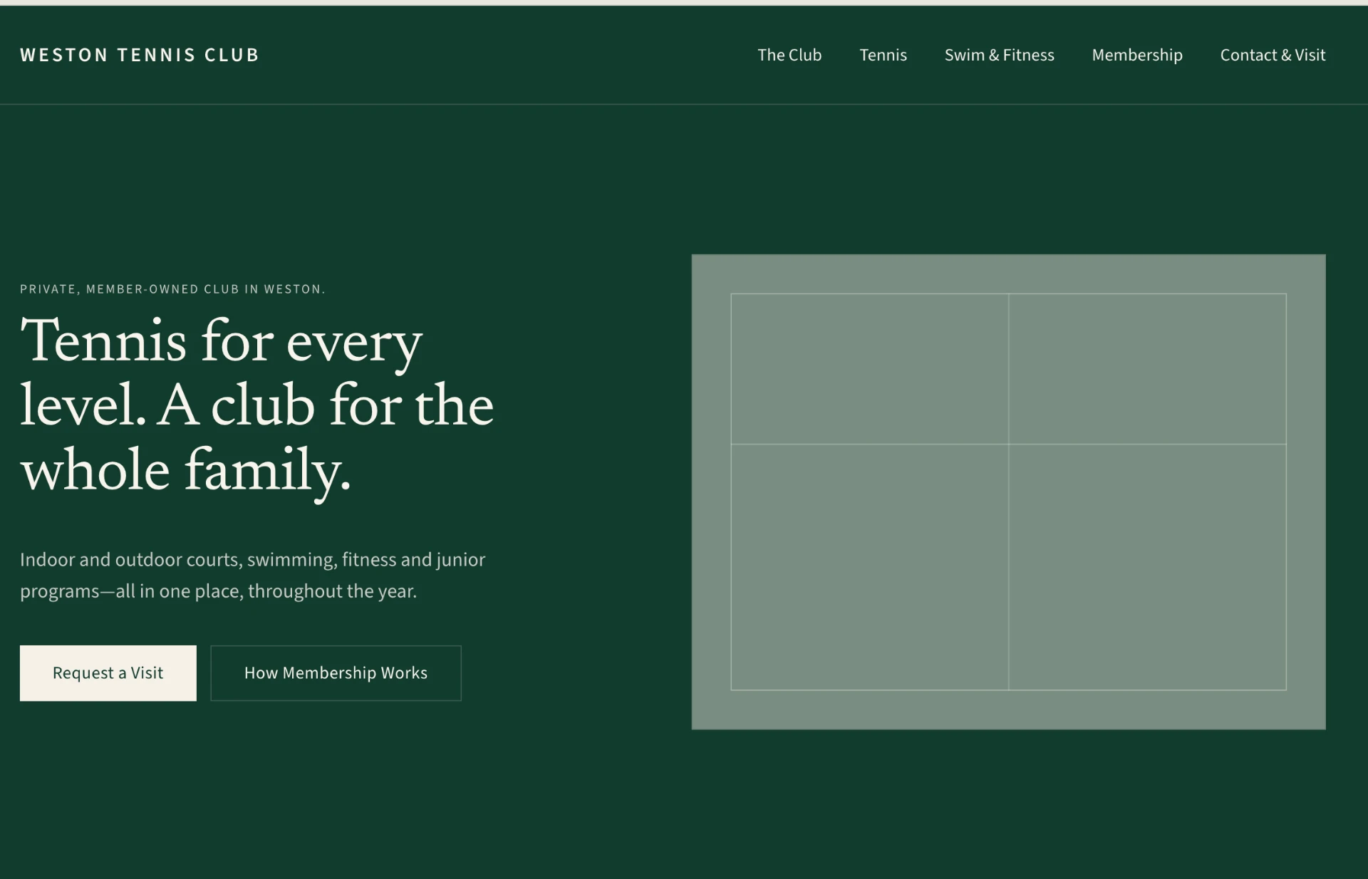 Homepage of the Weston Tennis Club website study, showing tennis courts and navigation