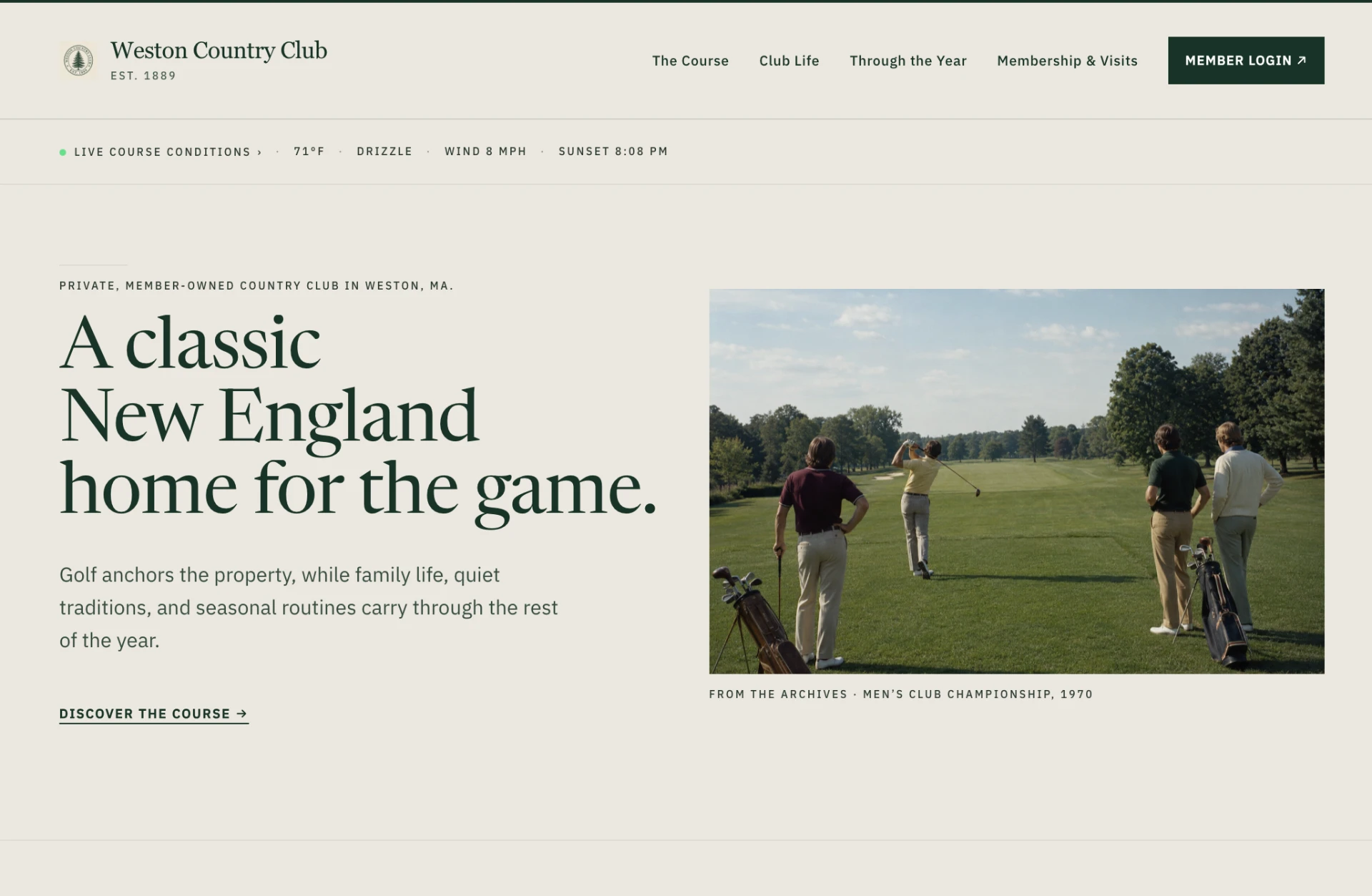 Homepage of the Weston Country Club website study, showing a golf course header and navigation
