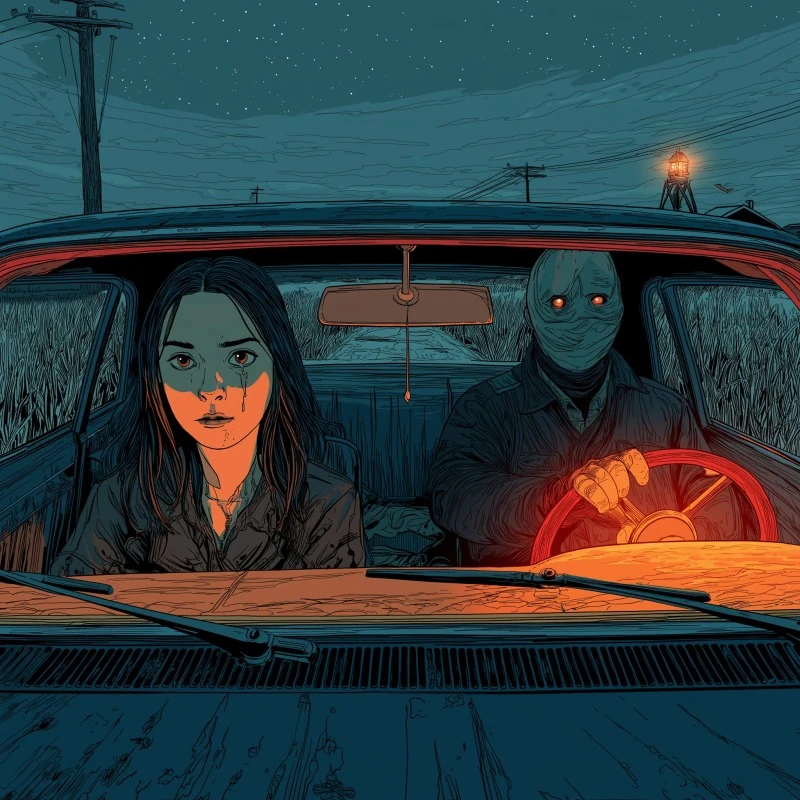 Masked driver and woman in a car at night beneath a distant water tower