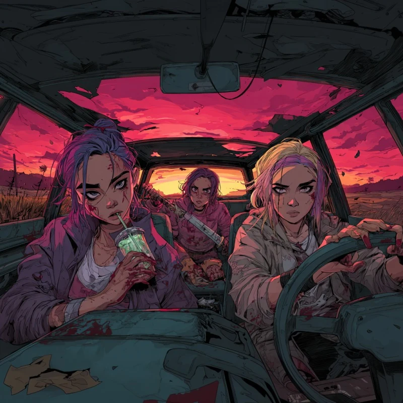 Illustrated demon-hunter trio in a battered car beneath a vivid pink sunset