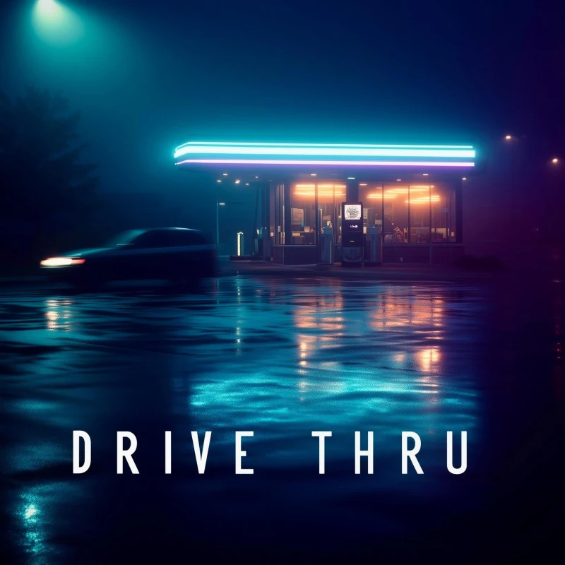 Neon-lit drive-through at night reflected in wet pavement