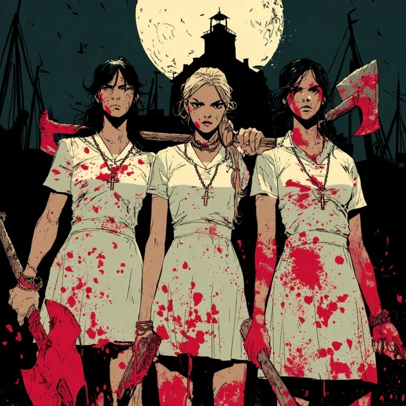 Three blood-streaked demon hunters before a lighthouse and full moon